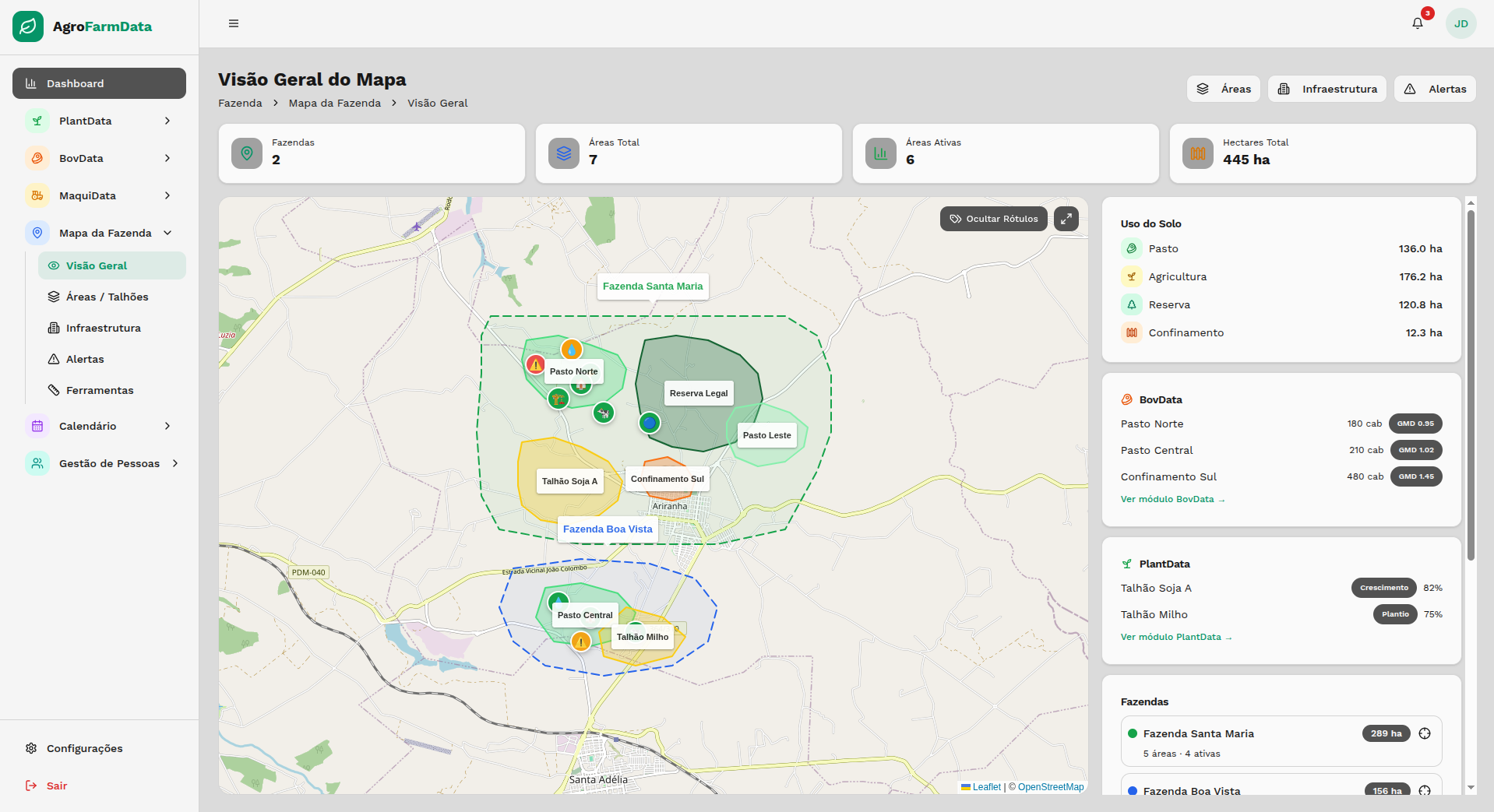 Mapa interativo da fazenda com talhões e pastos